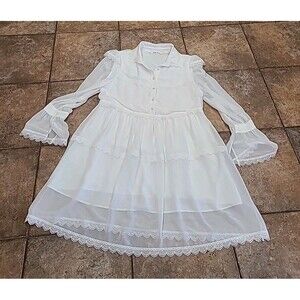 Korean Women Princess White  Long Sleeve Ruffle Bridgington  Beach Dress Flowy S